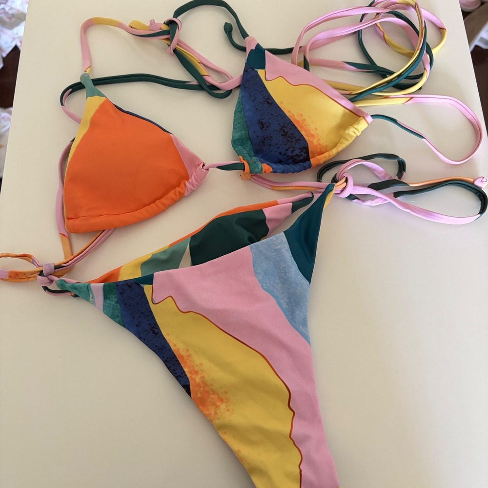 Abstract Multi Color 3 Piece Bikini Set with Mesh Sarong Cover Up Pink Orange